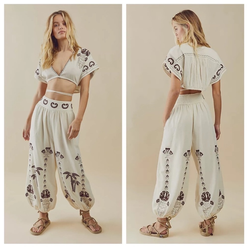 NWT Free People Kai Embroidered Set Wrap Crop Top & Balloon Pants